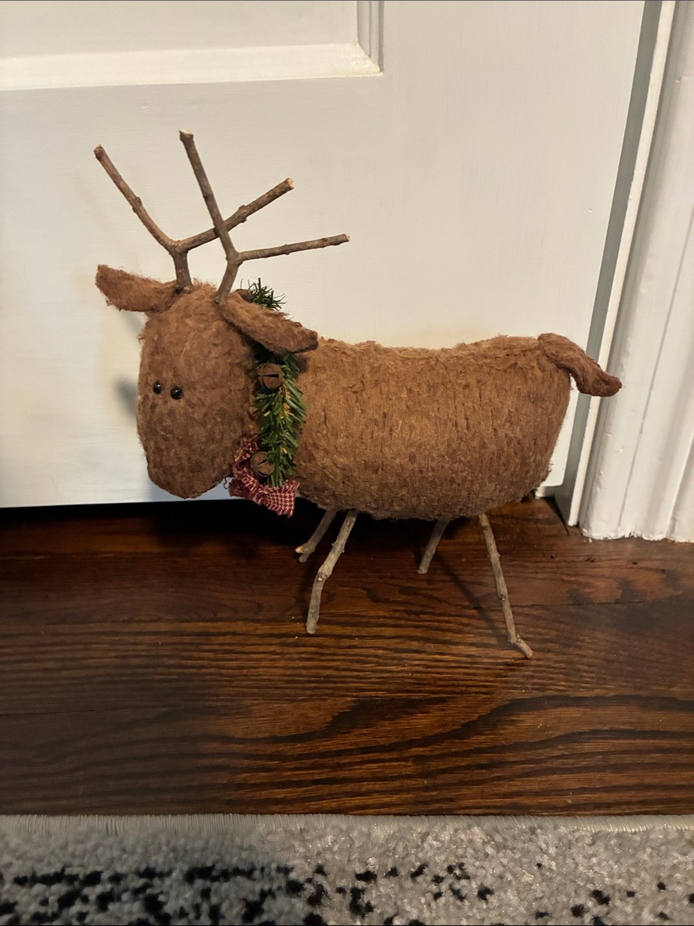 Rust Brown Reindeer Holiday Figurine with Greenery Collar